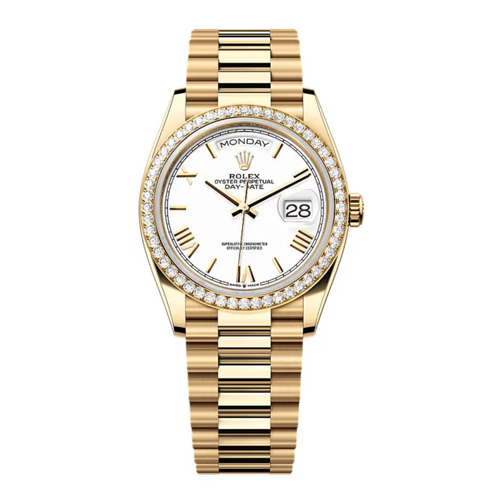 Rolex Day-Date 40mm White Roman Dial & Diamond Bezel, 18K Yellow Gold Watch